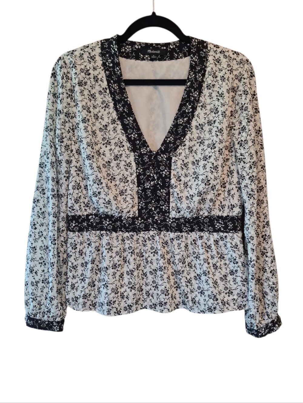 Madewell Womens Top Blouse Black and White Floral Peplum V-Neck Size M